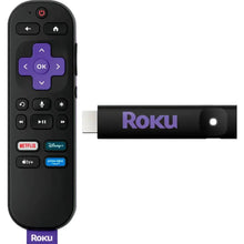 Black Roku voice remote with navigation buttons and streaming stick HDMI plug