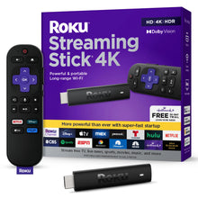 Roku Streaming Stick 4K kit with purple retail box and black voice remote