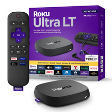 Roku Ultra LT streaming device kit with black player, voice remote, and HDMI cable