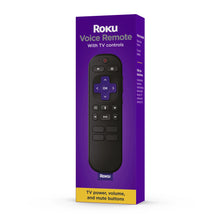 Roku voice remote in retail packaging, black remote with purple directional pad