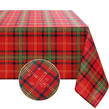 Red plaid rectangle tablecloth with green and black check patterns and stitched edge