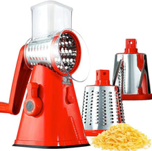 Red rotary cheese grater with hand crank and clear food hopper