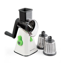 Manual rotary grater and slicer with feed hopper, white base, green handle, drum blades