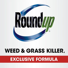 Roundup weed and grass killer jug label close-up with blue swoosh and logo