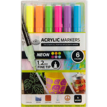 Neon acrylic marker set with 6 fine tips: yellow, orange, green, pink, purple, blue