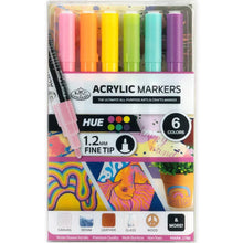 6-pack acrylic hue markers in pastel pink, orange, yellow, green, teal, and purple, fine tip