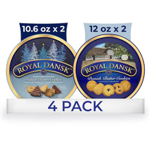 Royal Dansk Danish butter cookie gift tins, blue round containers, 4 pack