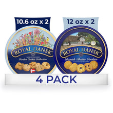 Royal Dansk cookie tins, 4-pack, blue and gold labels with assorted cookie varieties