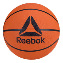 Orange outdoor rubber basketball with Reebok logo and black channel lines