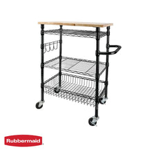 3-tier rolling utility cart with wood top, black wire shelves, side handle and casters
