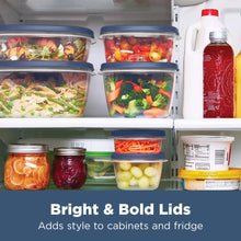 Refrigerator food storage containers with clear boxes and blue vented lids