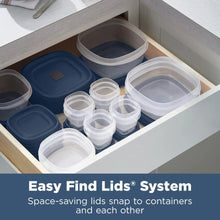 Food storage container set with clear bases and blue vented lids in a drawer