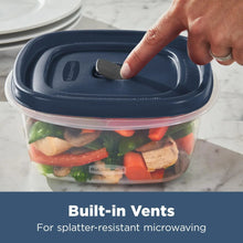 Single food container with transparent sides and navy vented lid, lid being pressed