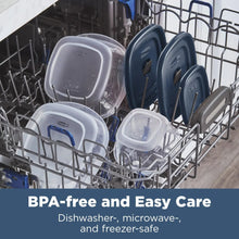 Dishwasher-ready food storage containers with clear bases and blue vented lids