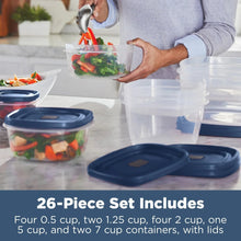 Food storage containers on kitchen counter with clear sides and blue lids