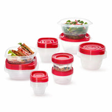 Assorted clear food storage containers with red snap lids