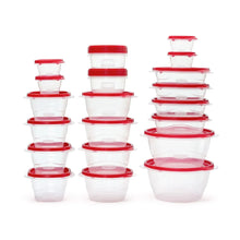 Stacked clear food storage containers with red lids in multiple sizes