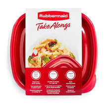 Cardboard package with red food container and lid, plus icons for storage and use.
