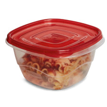 Clear square food storage container with red lid, filled with mixed pasta and vegetables.