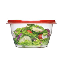 Clear square food storage container with red lid, filled with mixed salad and sliced vegetables.