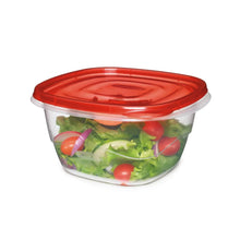 Clear square food storage container with red lid, filled with lettuce and cherry tomatoes.