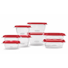 Multiple clear food storage containers with red snap lids