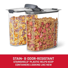 Two clear cereal pantry containers with dark gray latching lids, filled with cereal