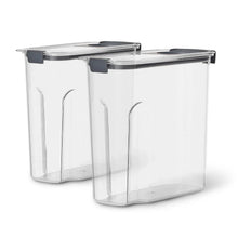Clear plastic cereal storage containers with dark gray flip-top lids, 2 pack