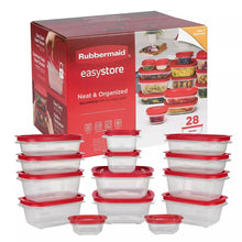 Stacked 28-piece food storage containers set with red lids and clear bases