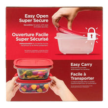 Food storage containers with red snap-on lids for easy opening and secure storage