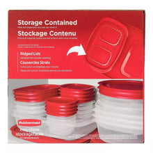Food storage container set with rigid red lids and clear containers, stacked