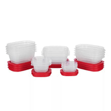 Food storage set of clear nesting containers with red lids in various sizes