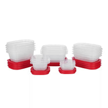 Clear food storage containers with red lids in mixed sizes