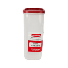 Tall clear food storage container with red lid and Tight Seal label