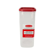 Food storage container with red lid and clear body, cereal keeper label