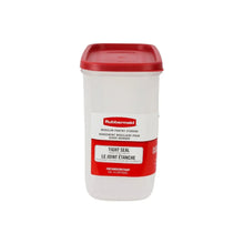 Food storage container with red lid and clear body, tight-seal label, medium size