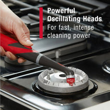 Oscillating scrubber head with red bristles attached to gray handle
