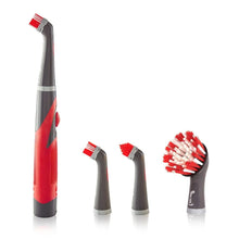 Power scrubber tool with red bristle head, gray and red handle