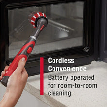 Cordless power scrubber tool with red bristle head in hand