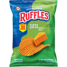 Ruffles queso potato chip bag with ruffled chips and cheese graphic