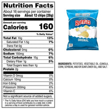 Nutrition facts for Original potato chips: 160 calories, serving about 12 chips.