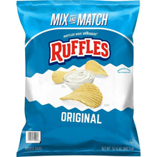 Ruffles Original potato chips bag with wavy chips and creamy dip graphic.