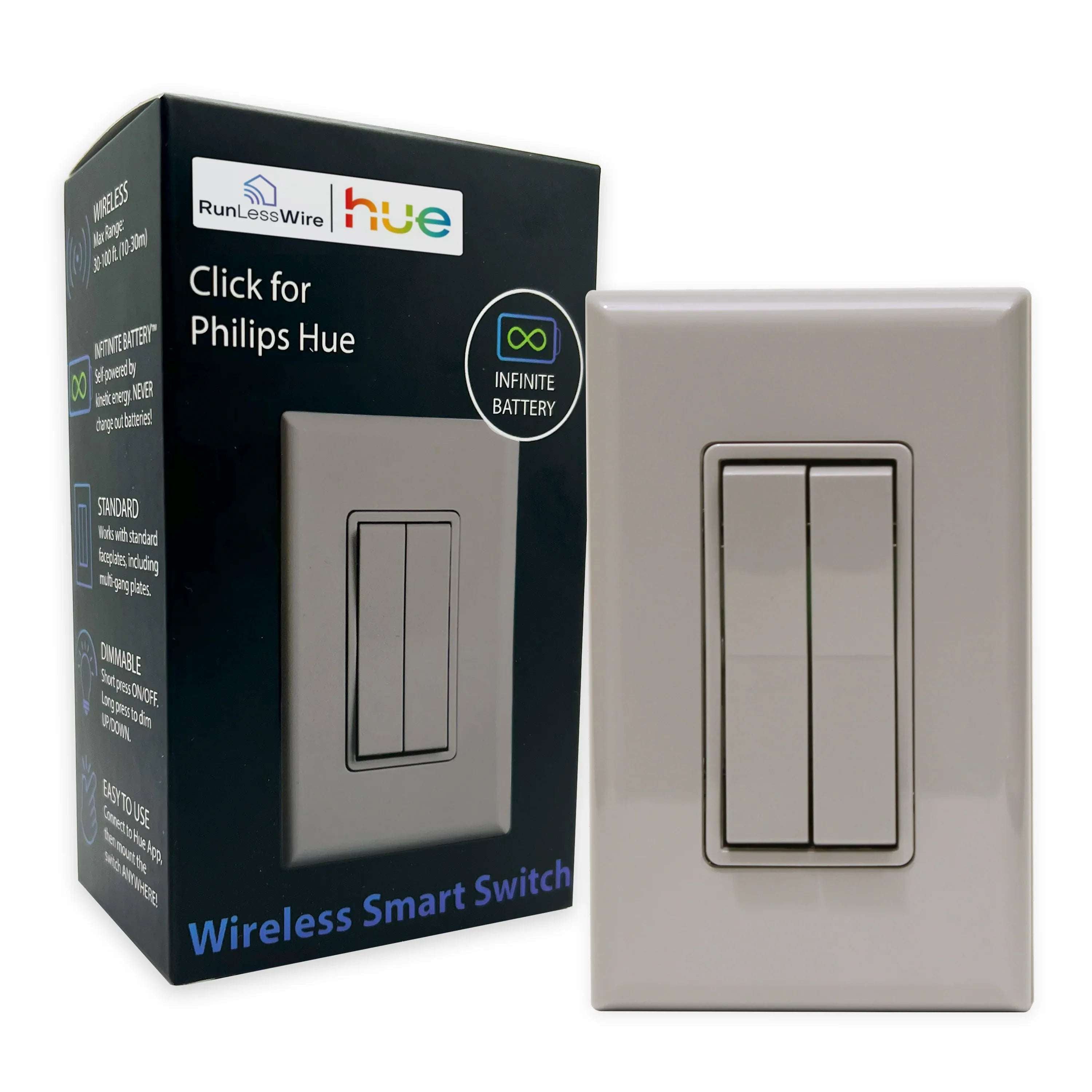 RunLessWire Click for Philips Hue Wireless Battery-Free Smart Dimming Light Switch- Brown