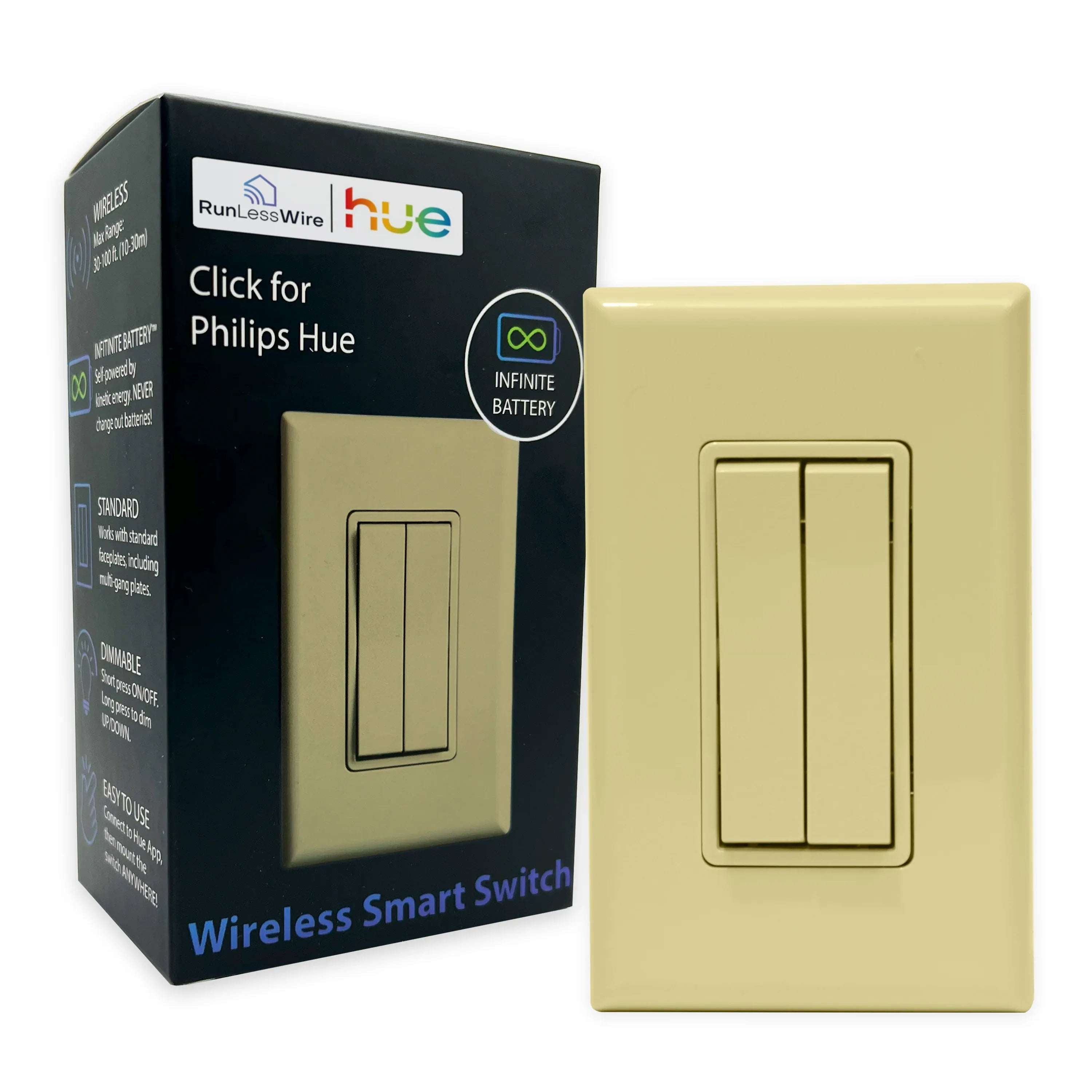 RunLessWire Click for Philips Hue Wireless Battery-Free Smart Dimming Light Switch- Brown