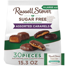 Russell Stover sugar-free assorted caramel chocolates, bag with individually wrapped pieces