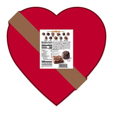 Heart-shaped red chocolate box back panel with nutrition facts and barcode label
