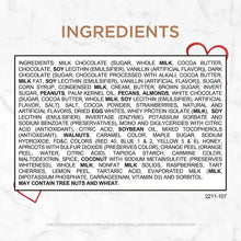 Chocolate ingredients list panel with red heart marker on package