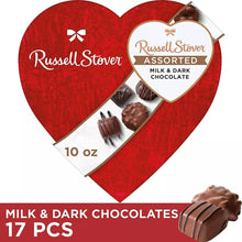 Heart-shaped red chocolate box with Russell Stover Assorted label and 17 pcs text