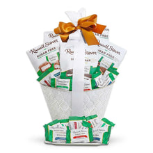 Sugar-free chocolate gift basket with white woven basket and orange bow, assorted wrappers