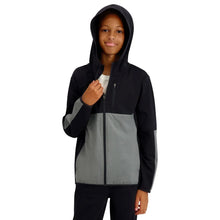 Youth full-zip hoodie with hood up, black and gray color-block front